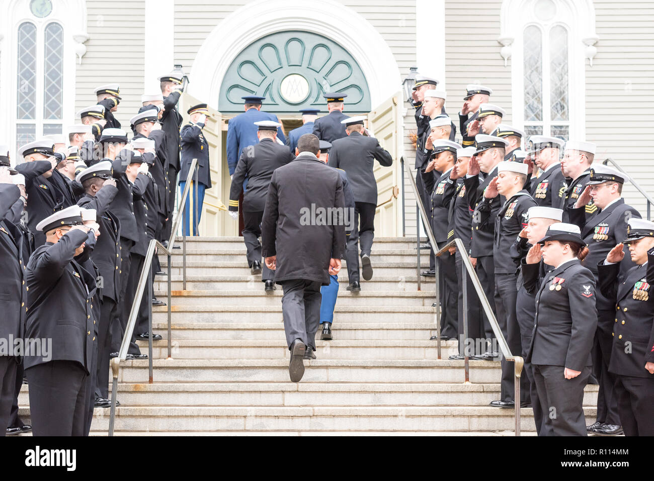 Military funeral procession at the Holy Family Parish in Concord, Mass for Medal of Honor recipient Captain Thomas Hudner. Stock Photo