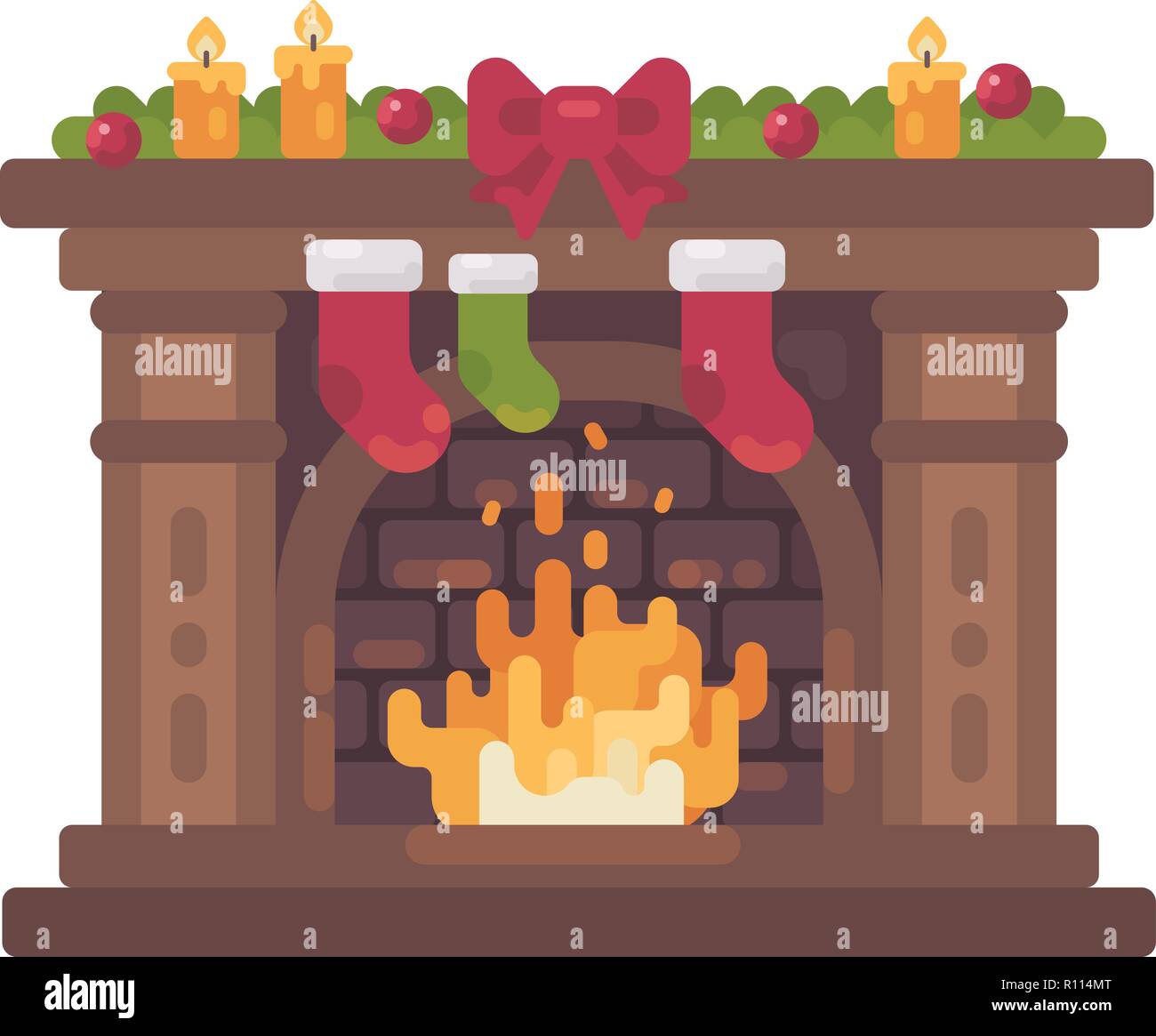 Decorated Christmas fireplace with stockings for presents flat ...