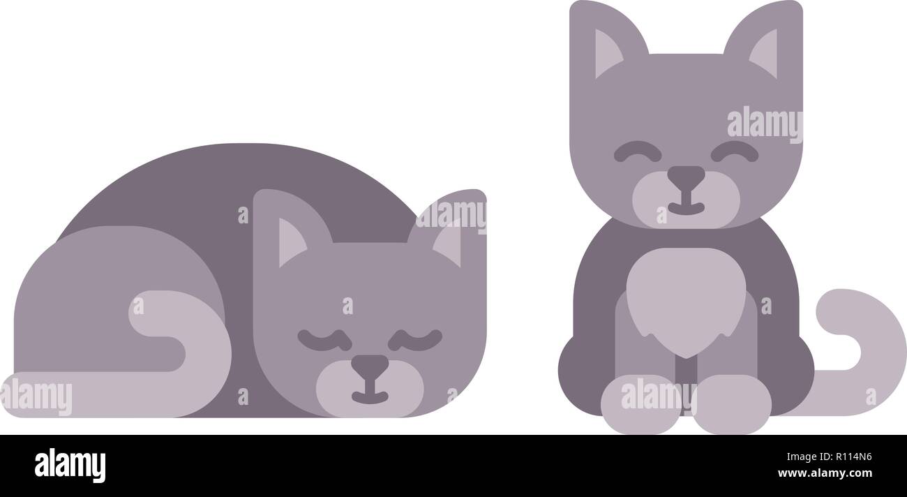 Cute little kitten sleeping and sitting flat icons Stock Vector