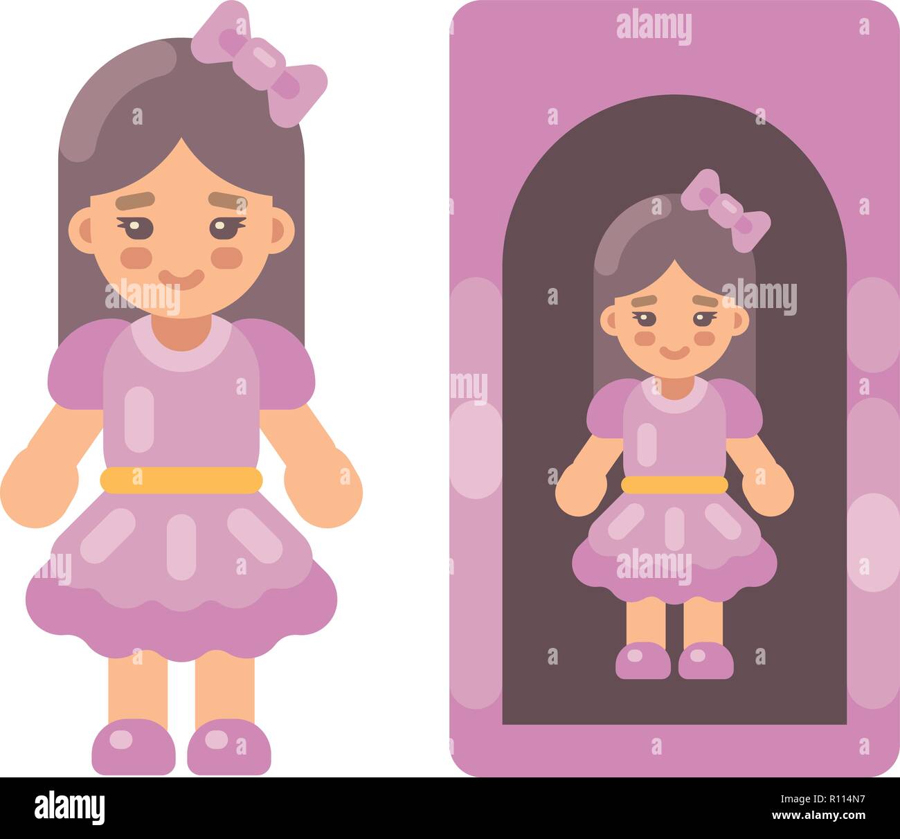 Cute doll in pink dress in a box flat icon. Little girl flat illustration Stock Vector