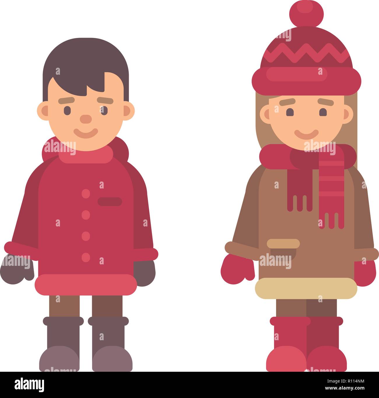 Two cute little kids in winter clothes. Christmas children characters. Valentines day cute couple flat illustration Stock Vector