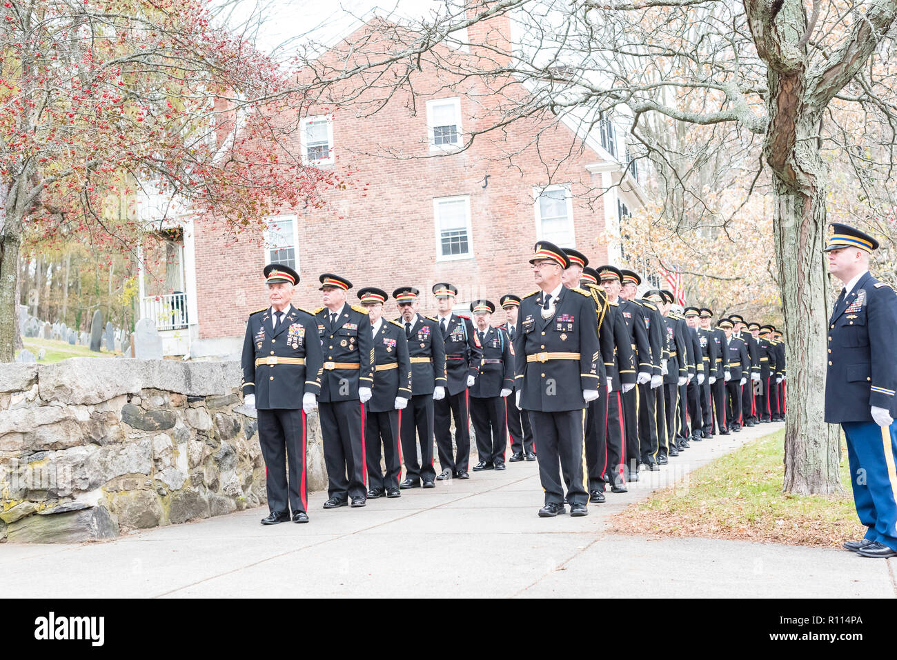 Military funeral procession at the Holy Family Parish in Concord, Mass for Medal of Honor recipient Captain Thomas Hudner. Stock Photo