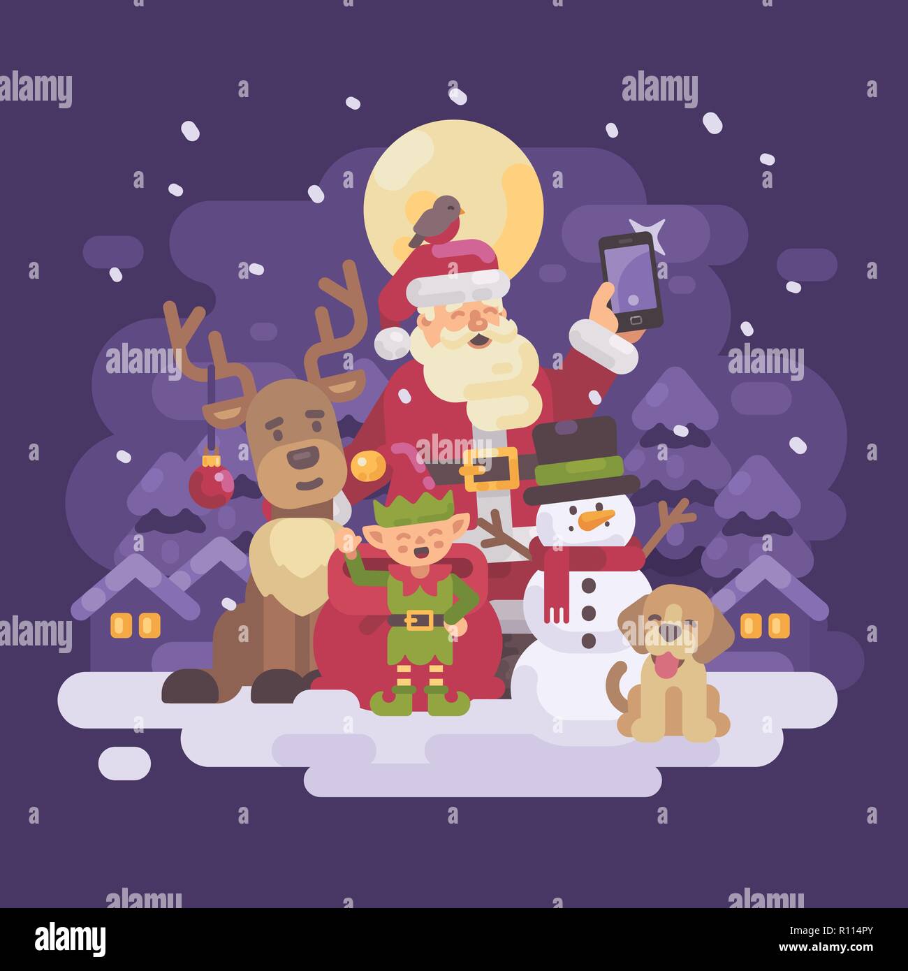 Santa Claus with reindeer, elf, snowman and dog taking a selfie in a snowy night winter village landscape. Christmas characters greeting card flat ill Stock Vector