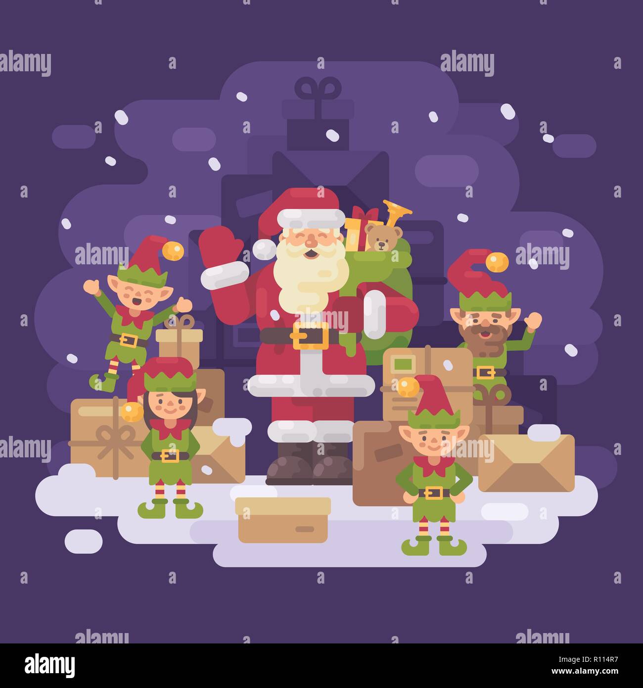 Santa Claus delivery service. Santa with a team of elves and a pile of parcels and presents on a snowy winter night. Christmas characters greeting car Stock Vector