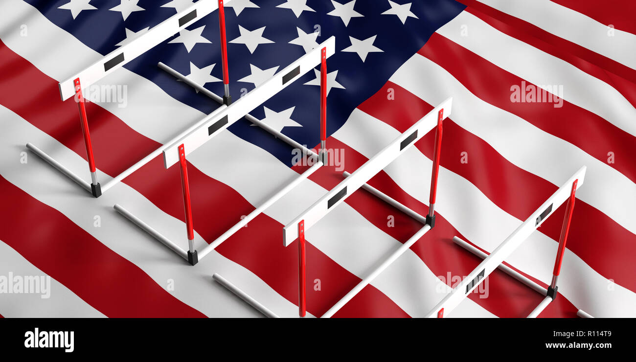 USA sports concept. Top view of hurdles, on US of America flag background, 3d illustration. Stock Photo