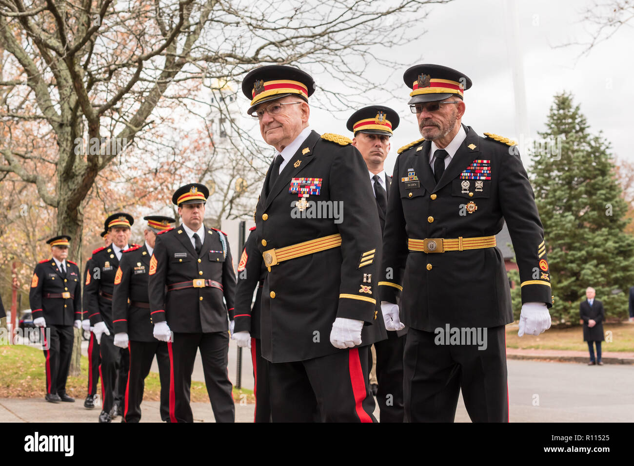 Military funeral procession at the Holy Family Parish in Concord, Mass for Medal of Honor recipient Captain Thomas Hudner. Stock Photo