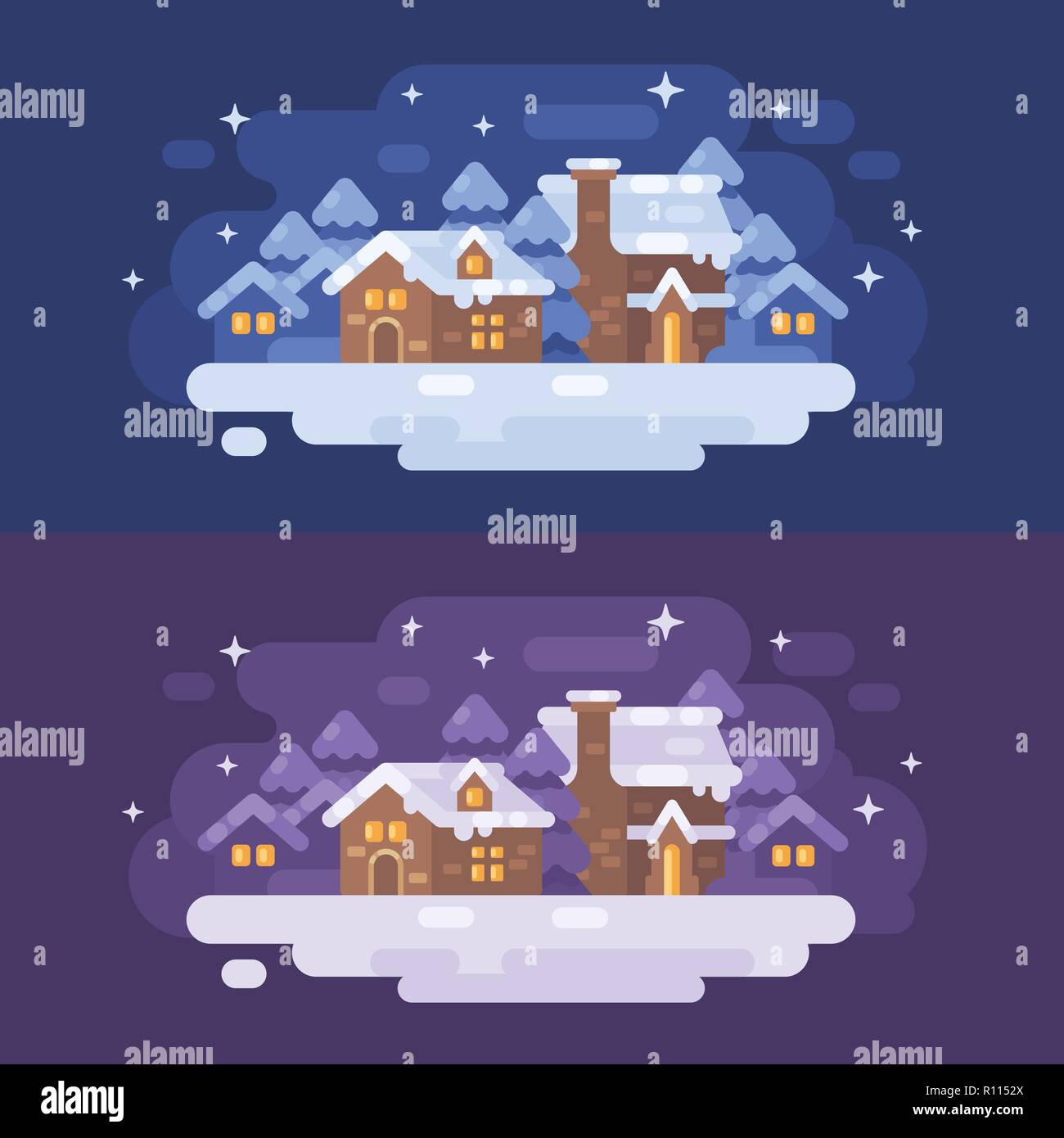 Snowy winter village landscape flat illustration. Christmas greeting card backgrounds. New Year horizontal banners Stock Vector