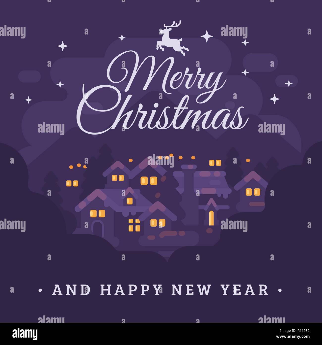 Merry Christmas and Happy New Year greeting card with night mountain village landscape flat illustration Stock Vector