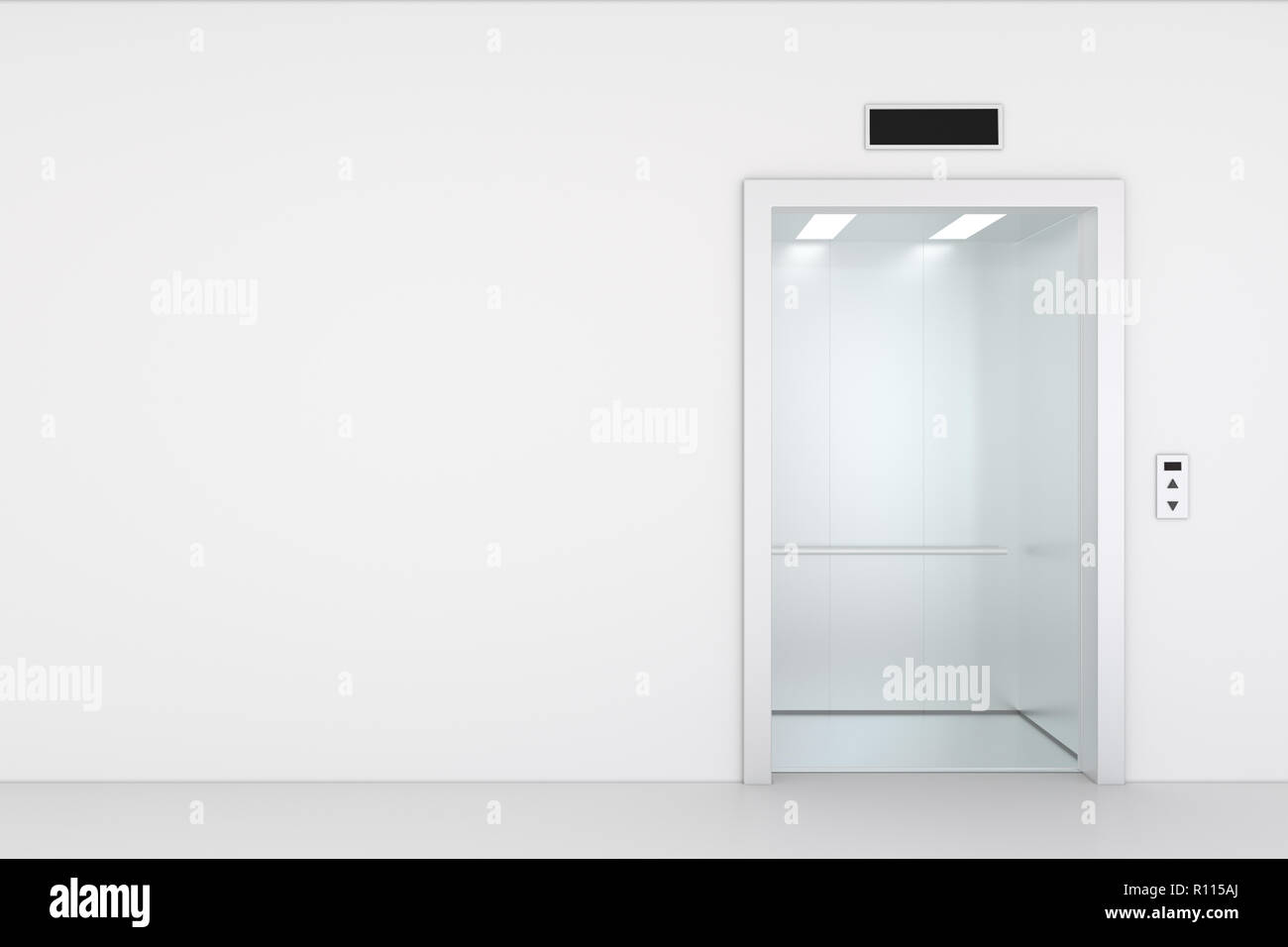 Empty elevator hall interior with waiting lift and grey walls Stock Photo