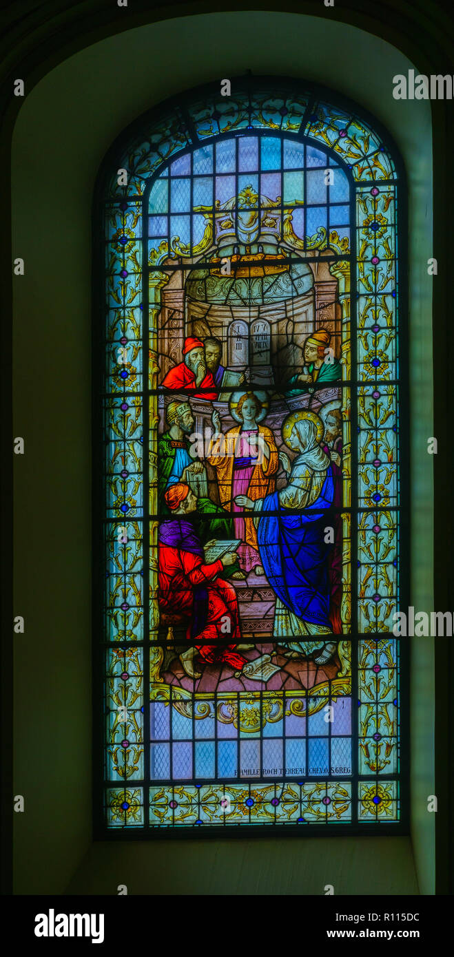 Quebec City, Canada September 27, 2018 Stained glass window in the