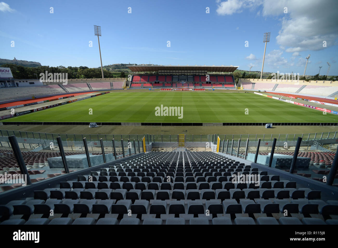 Malta's national football stadium in Ta'Qali, grass hybrid pitch used for all International UEFA and FIFA matches for the soccer football team Stock Photo