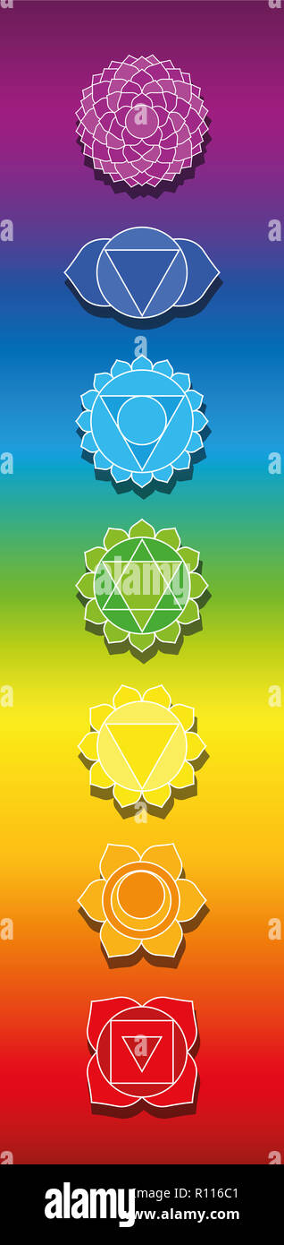 Seven chakras on rainbow colored background. Bookmark format illustration of spiritual, healing symbols. Stock Photo