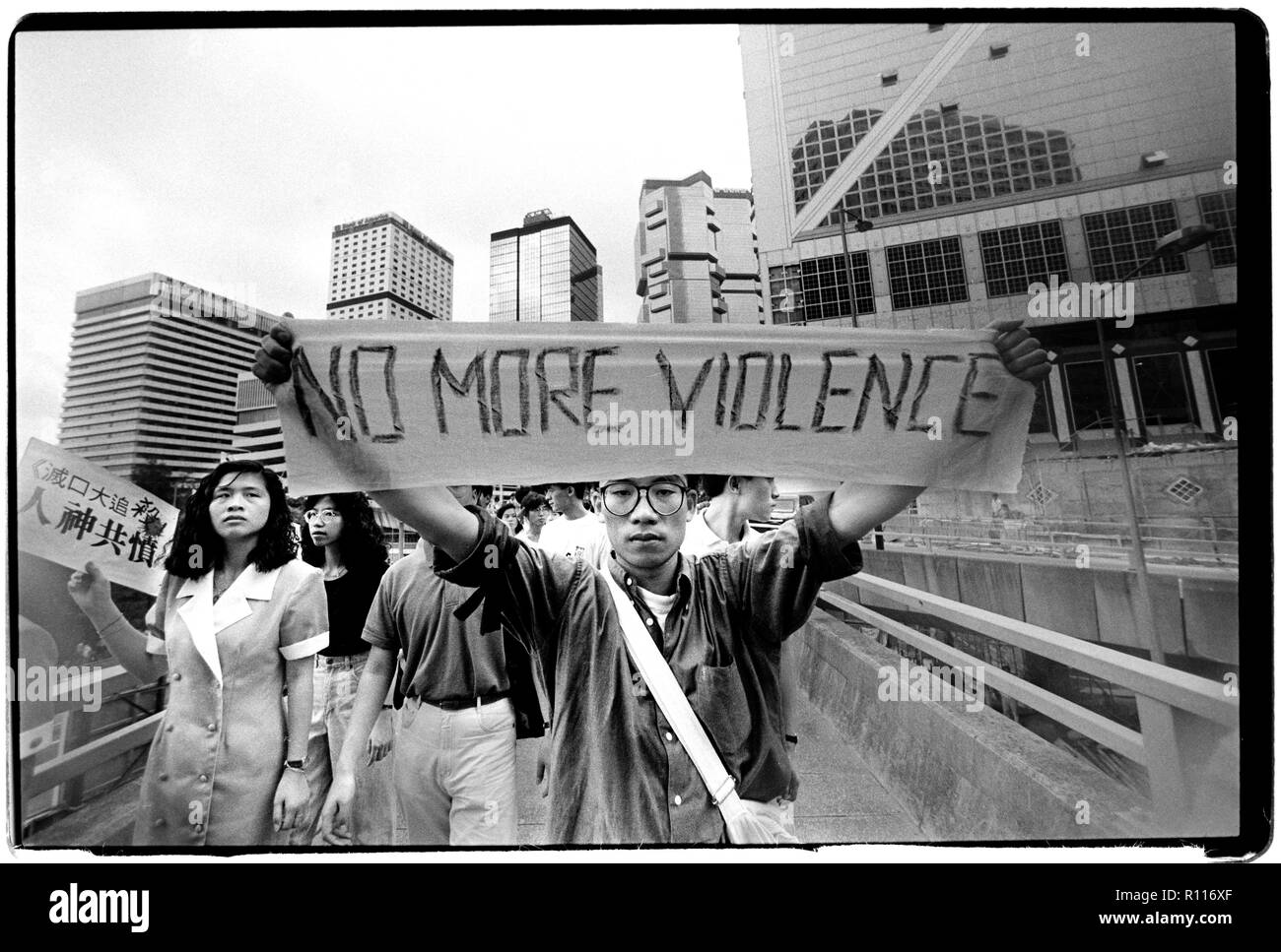 Hong Kong two days after the massacre in Tiananmen Square in Beijing in June 1989 Students protest the deaths of fellow students in Beijing days earlier near the British Embassy in Hong Kong Stock Photo