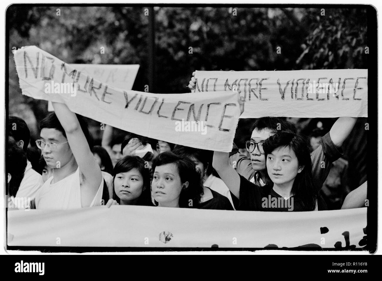 Hong Kong two days after the massacre in Tiananmen Square in Beijing in June 1989 Students protest the deaths of fellow students in Beijing days earlier near the British Embassy in Hong Kong Stock Photo