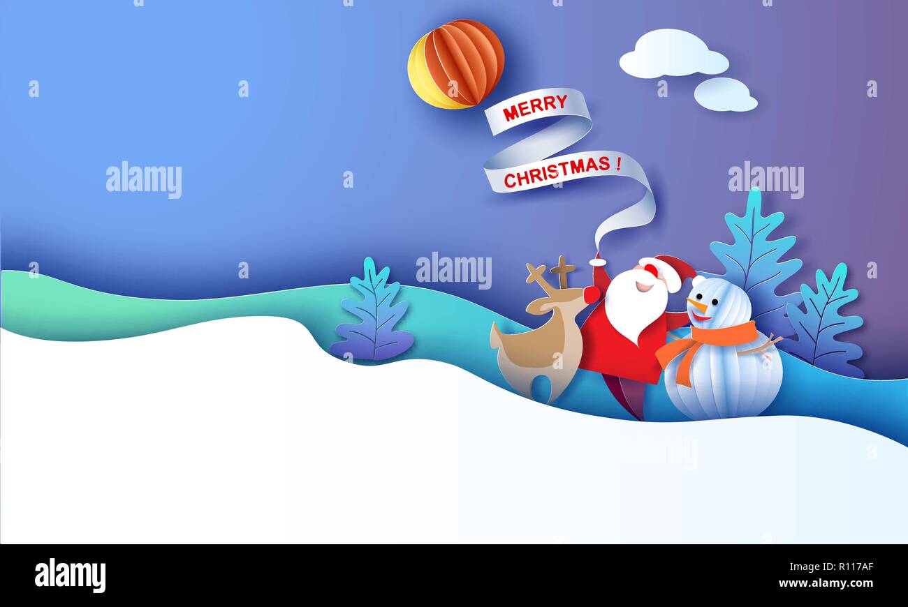 Merry Christmas design card with Santa Claus, Snowman, Reindeer on blue ...