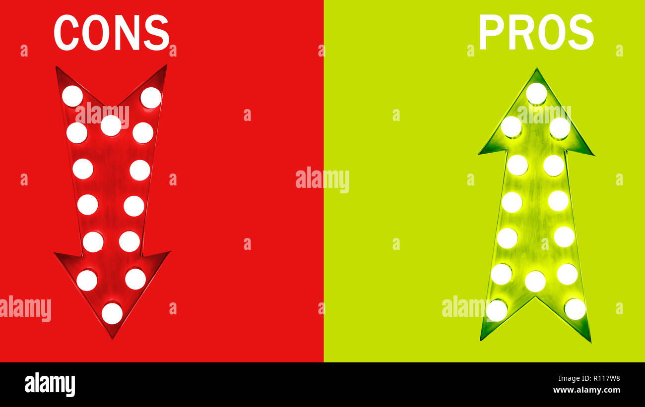 Pros and cons red down and green up vintage retro arrows illuminated