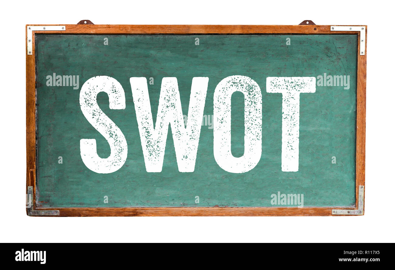 SWOT (Strengths, Weaknesses, Opportunities, Threats) in business competition project planning text written on green old grungy vintage wooden chalkboa Stock Photo
