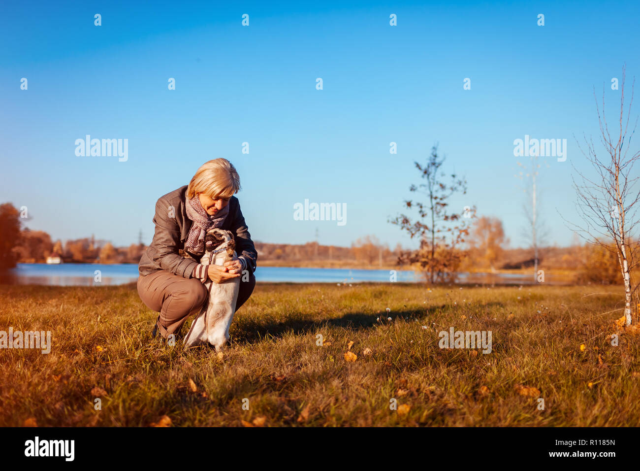 Master walking pug dog in autumn park by river. Happy woman hugging pet. Stock Photo