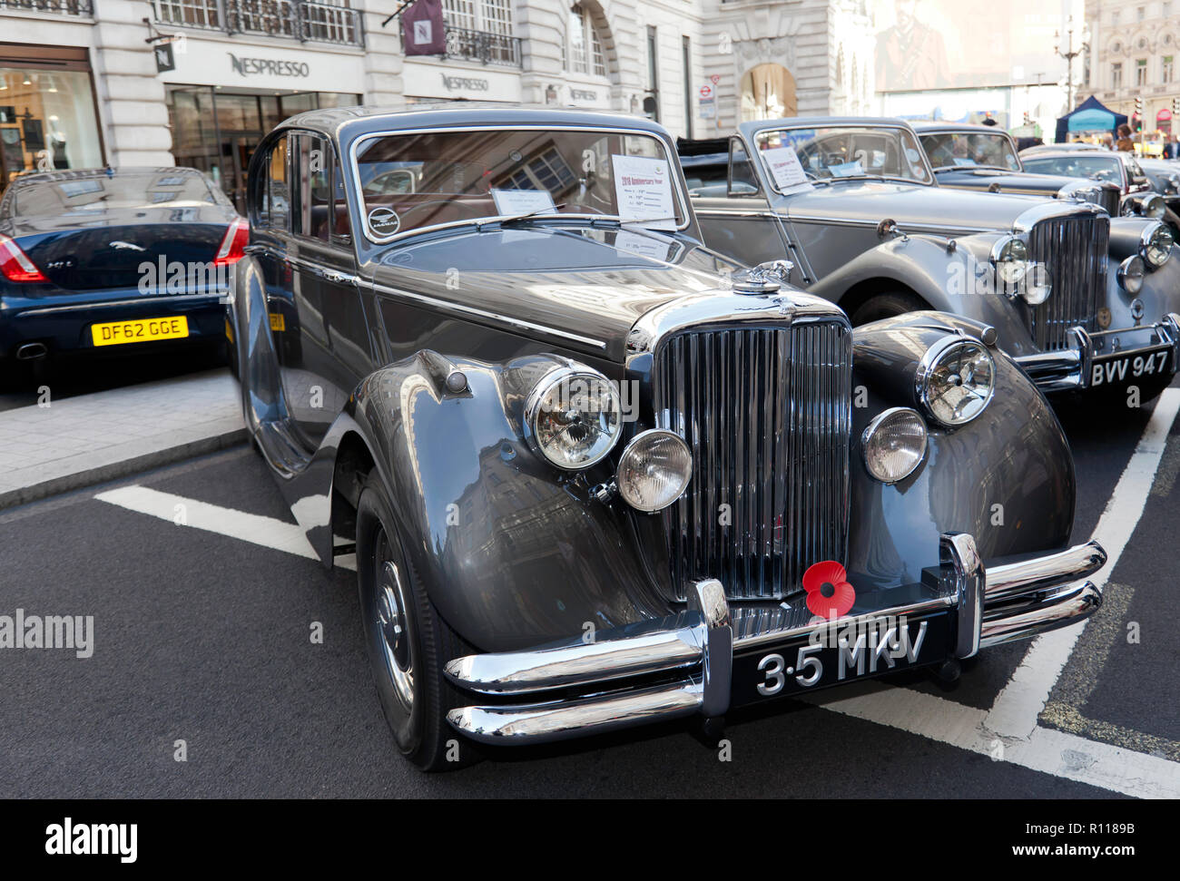 Three-quarter front view of a 1950 Jaguar Mark V Saloon, on display at the Regents Street Motor Show 2018 Stock Photo