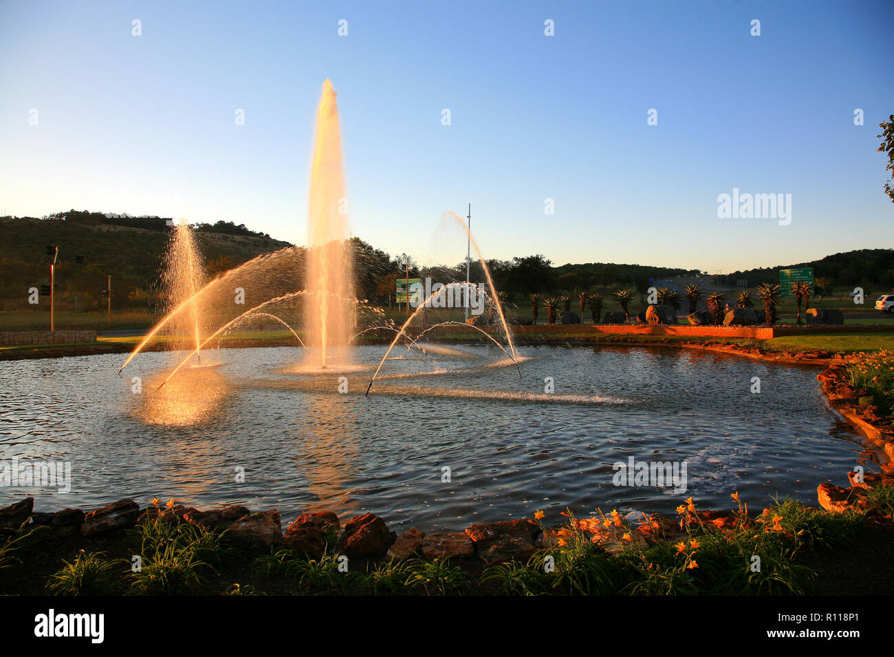 Fountain at sunrise in the Fountains valley, Pretoria, South Africa