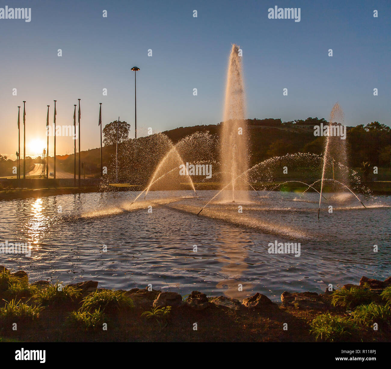 Fountain at sunrise in the Fountains valley, Pretoria, South Africa