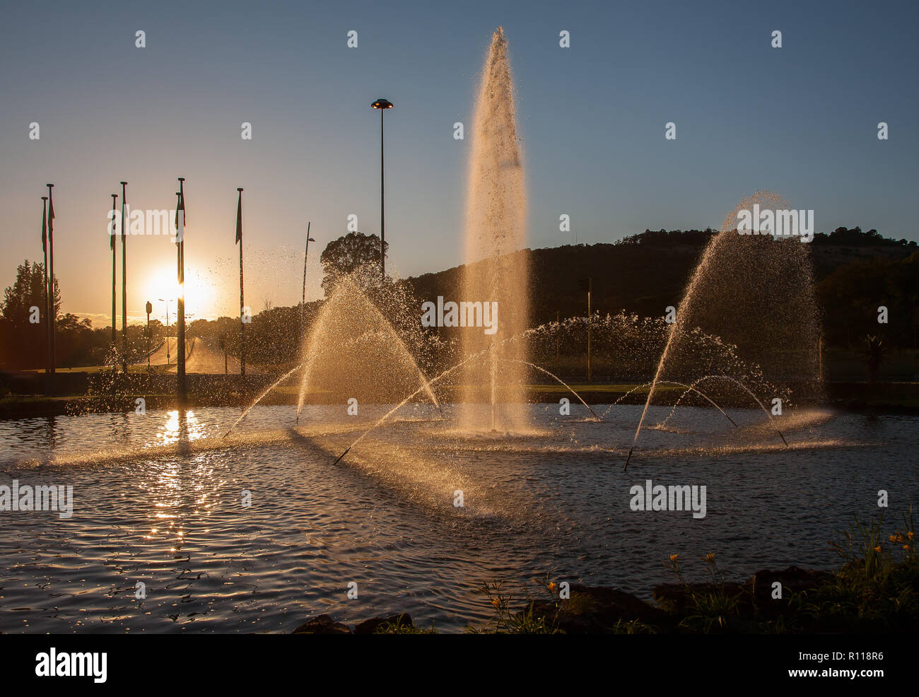 Fountain at sunrise in the Fountains valley, Pretoria, South Africa