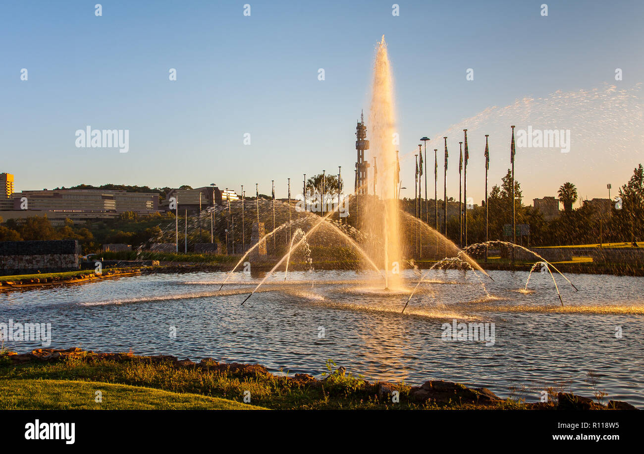 Fountain at sunrise in the Fountains valley, Pretoria, South Africa