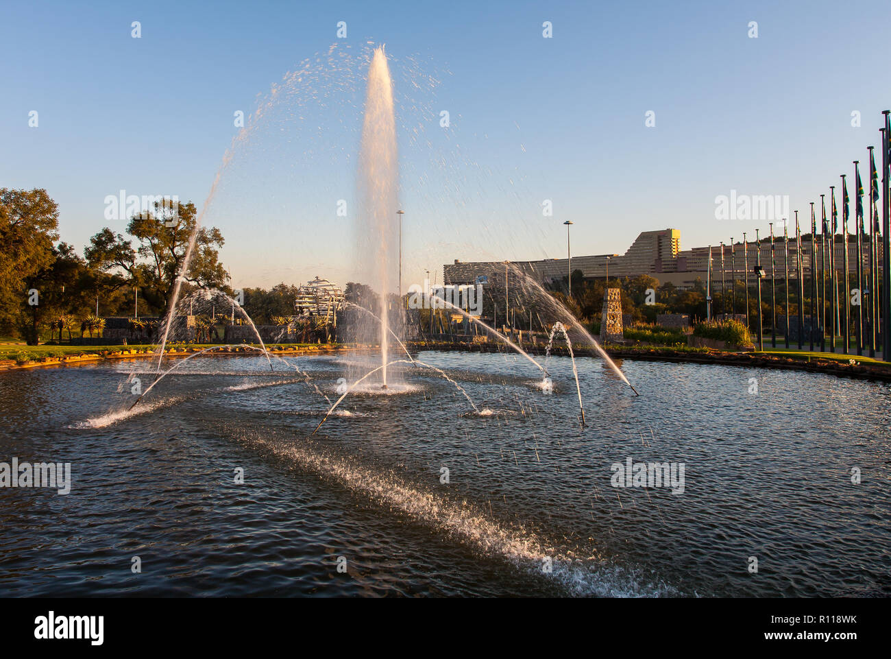 Fountain at sunrise in the Fountains valley, Pretoria, South Africa