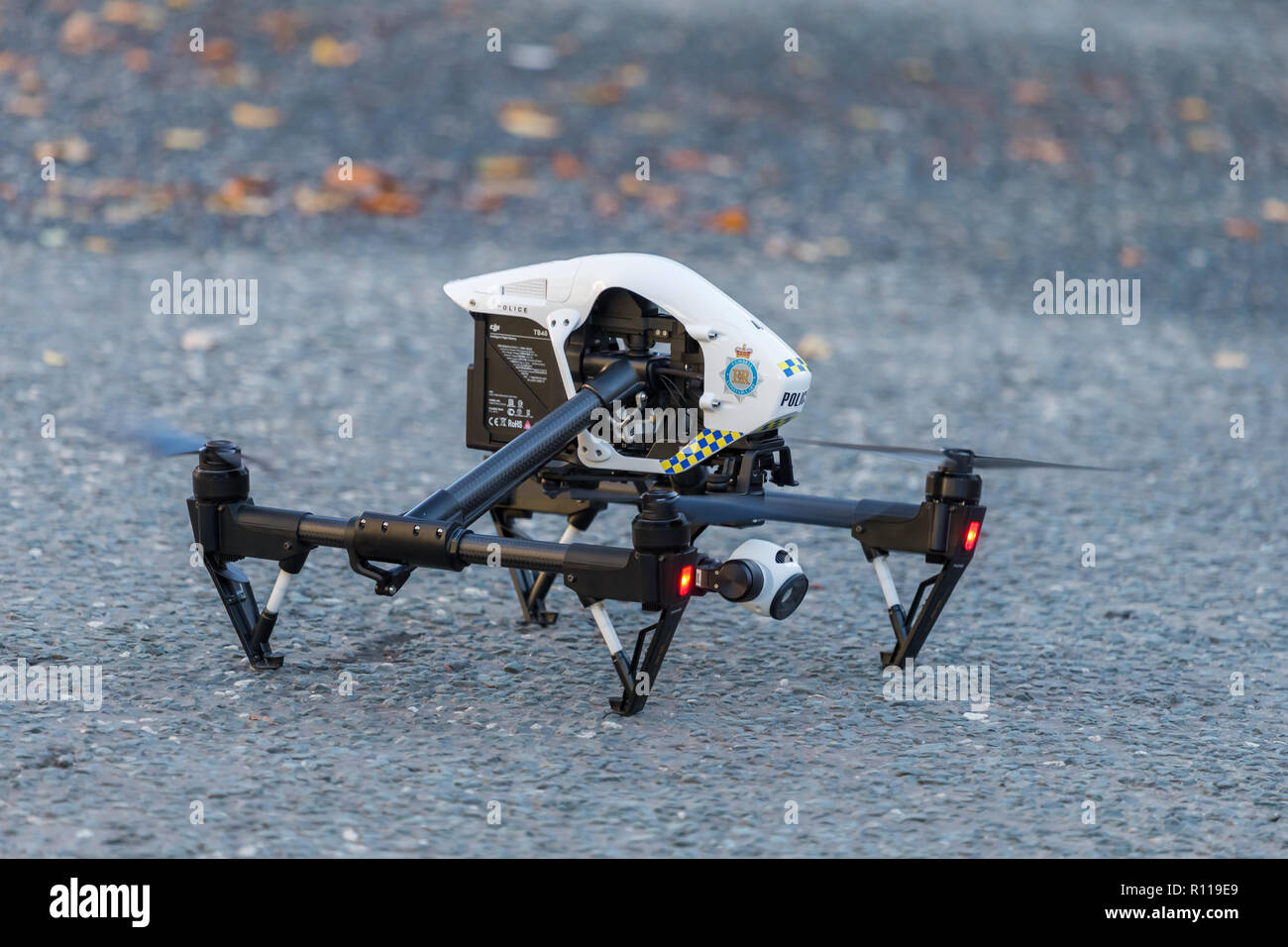A Police Drone hovering and feeding back live video Stock Photo