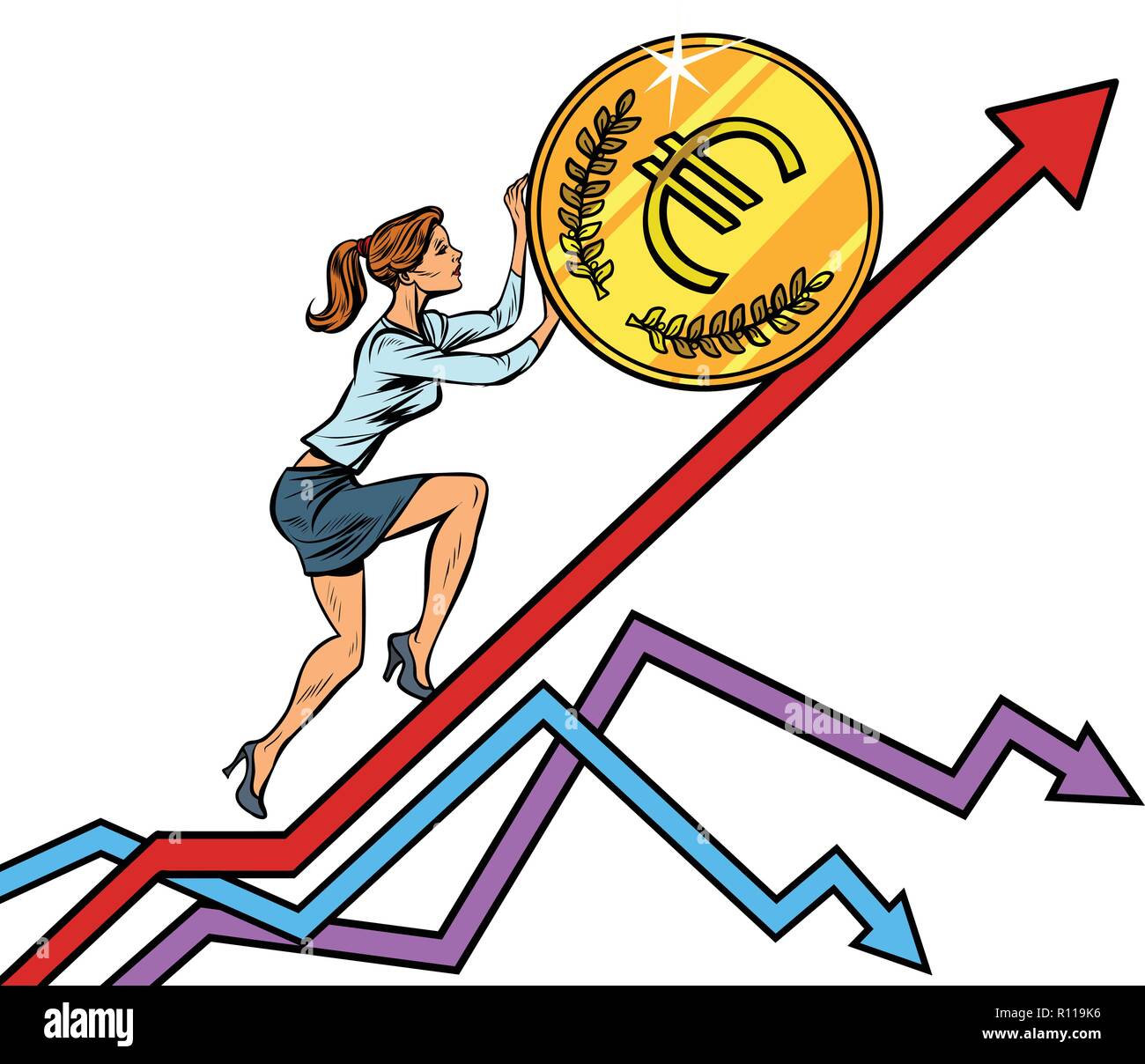 woman businesswoman roll a euro coin up Stock Vector