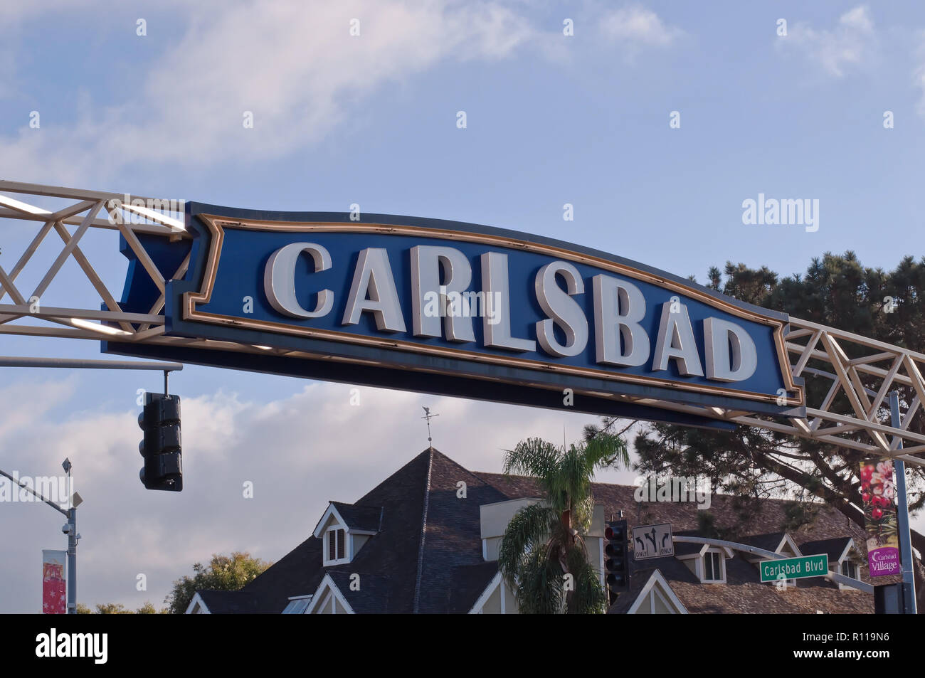 The CARLSBAD sign over HWY 101 as you enter Carlsbad, California, USA