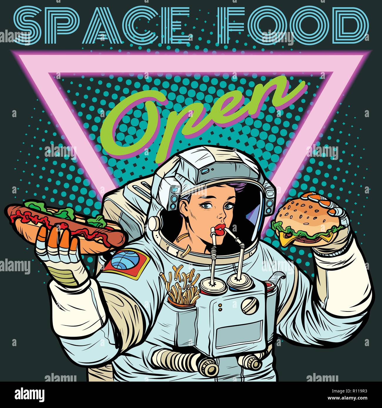 Space food. Woman astronaut eats. Cola, hot dog and Burger. Stock Vector