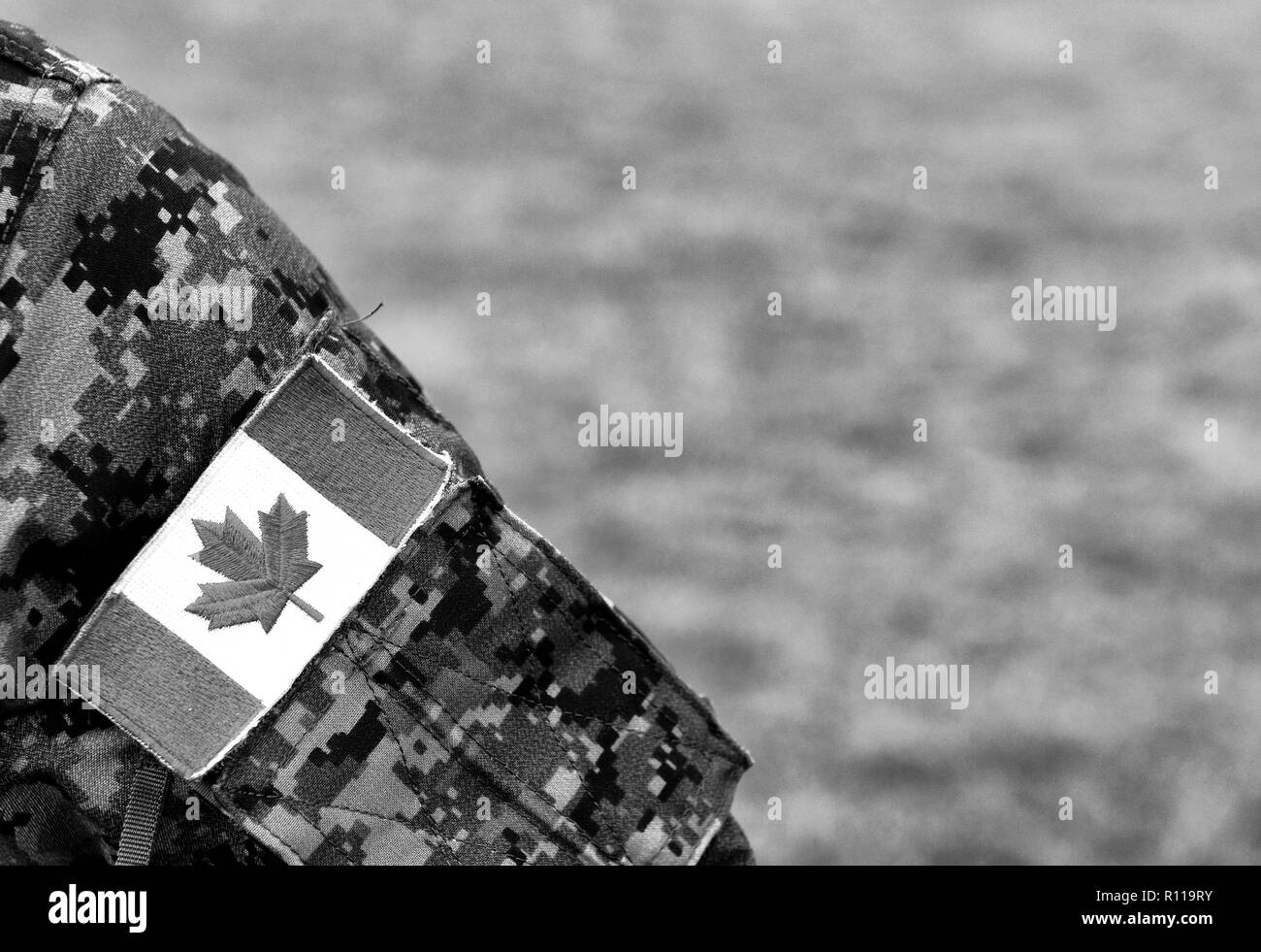 Canadian troops. Canadian Army. Canada flags on soldiers arm. Stock Photo