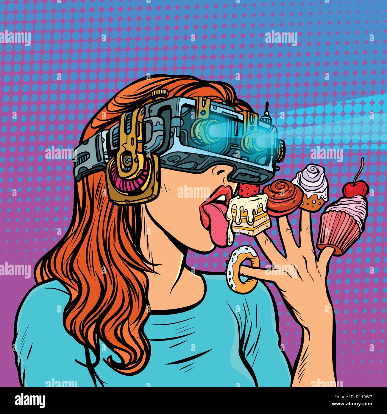 woman in virtual reality glasses eating sweets Stock Vector