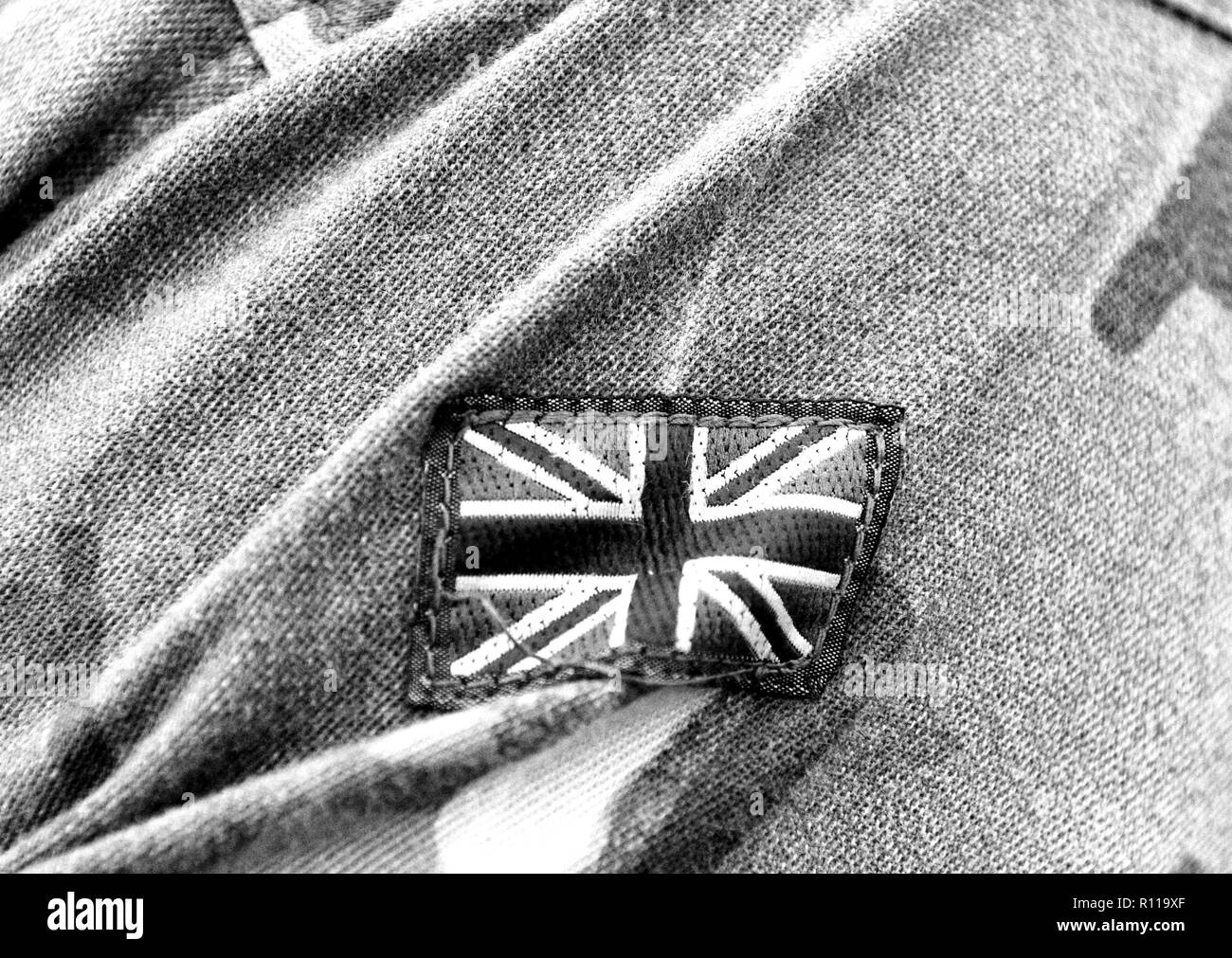 UK patch flag on soldiers arm. UK military uniform. United Kingdom troops Stock Photo