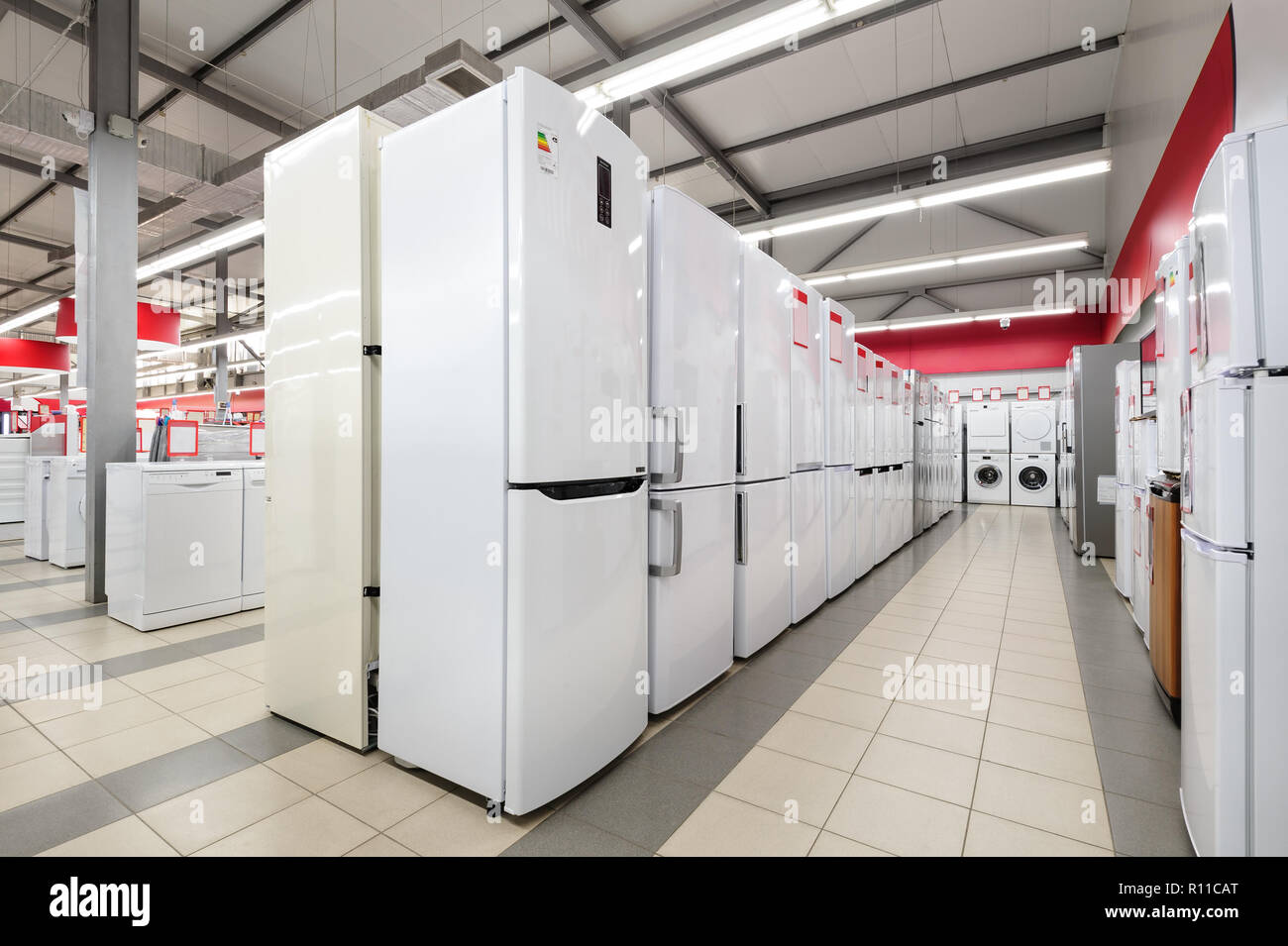 refrigerators and washing mashines in appliance store Stock Photo