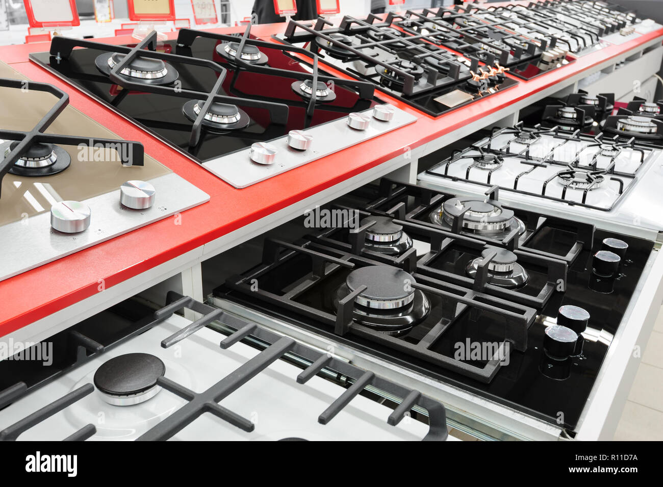 Brand New Gas Stove Panels At Appliance Store Stock Photo