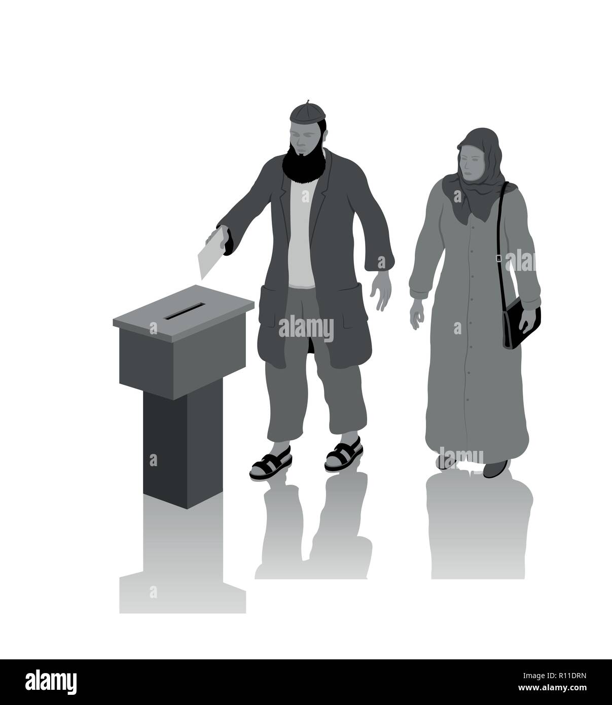 Religious muslim voters are voting for election with ballot box. All the objects, shadows and background are in different layers. Stock Vector