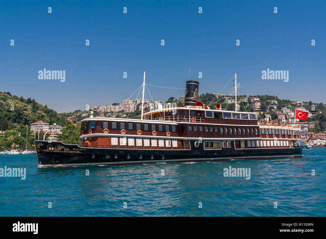 Istanbul, Turkey, June 12, 2012: Halas 71, a luxury cruiser for hire on the Bosporus. Stock Photo