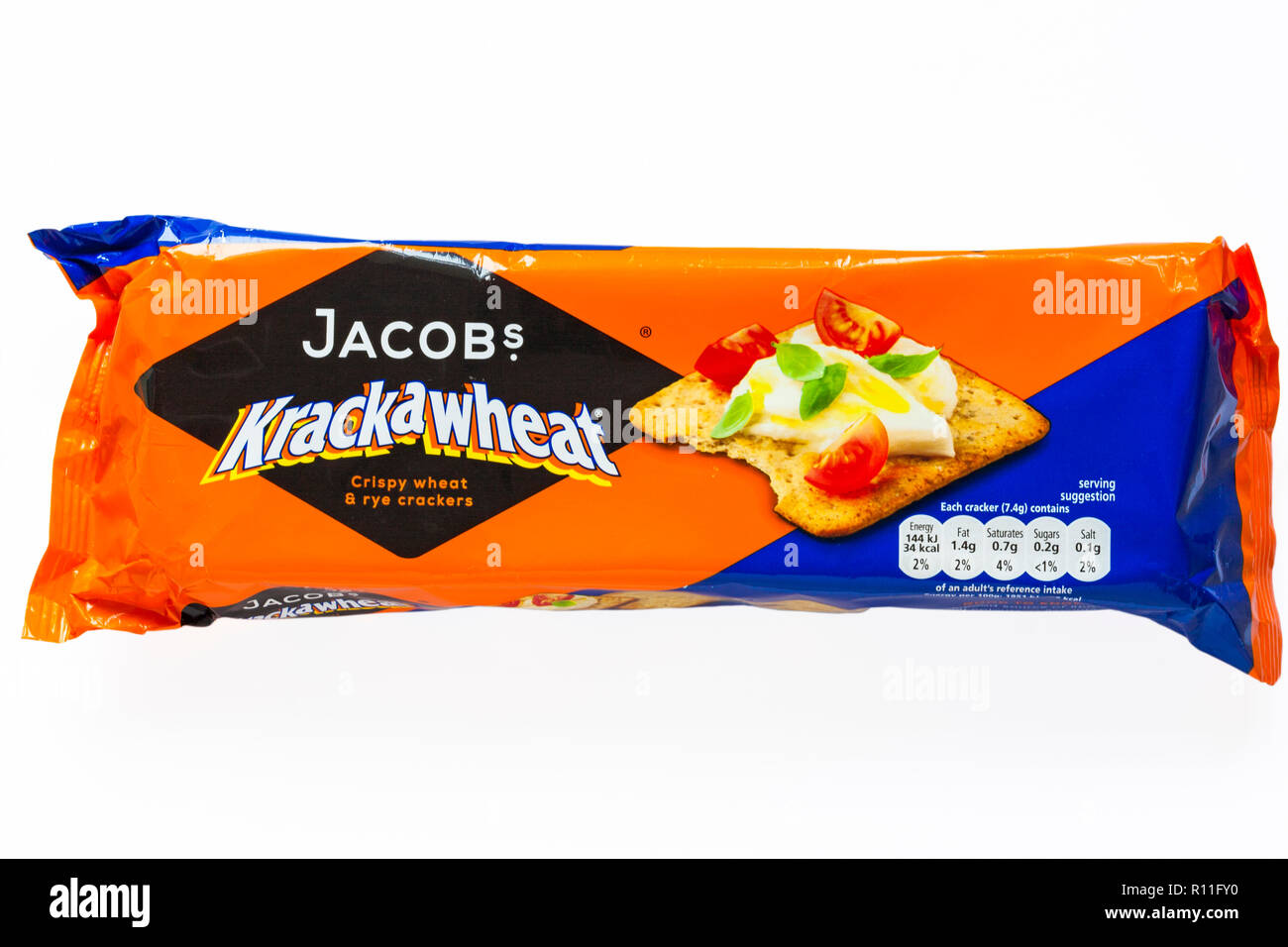 Packet of Jacobs Krackawheat crispy wheat & rye crackers biscuits isolated on white background Stock Photo
