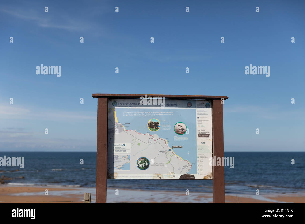 The information map sign at Kingsbarn Beach, Fife, Scotland Stock Photo