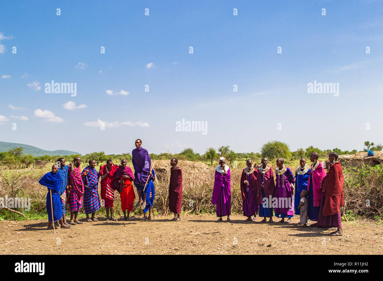 Arusha, Tanzania -January 24, 2018 - Traditional Masai dance performed for tourists near Arusha, Tanzania. Stock Photo