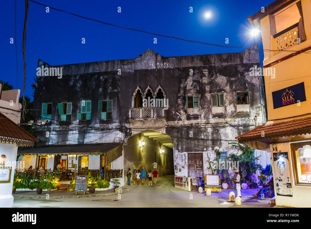 Stone Town, Zanzibar, Tanzania -January 24, 2018 - Stone Town at night. Old colonial architecture of Zanzibar city, Tanzania Stock Photo