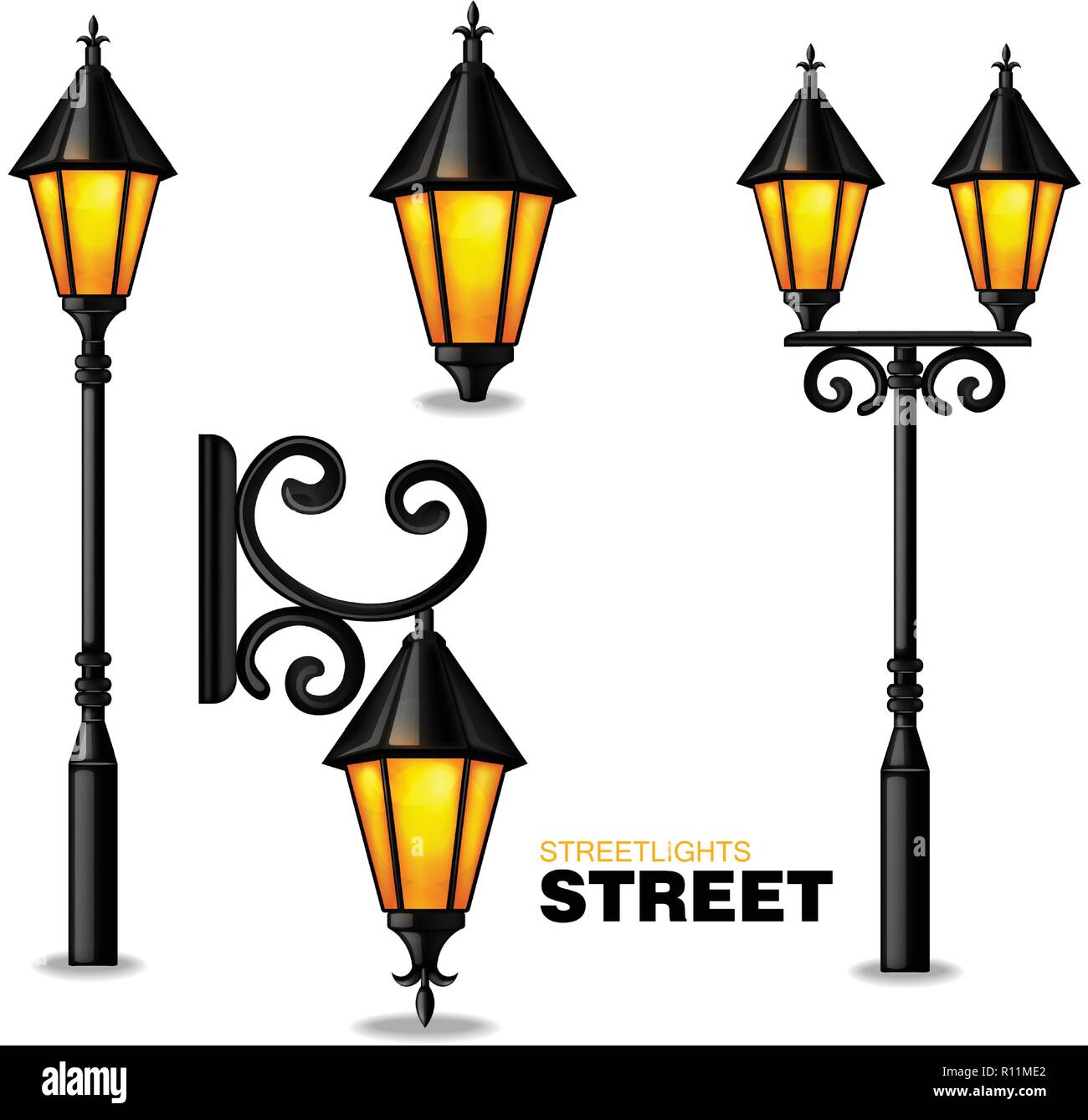 Street lamps 3d Vector realisic set collection isolated on white background Stock Vector