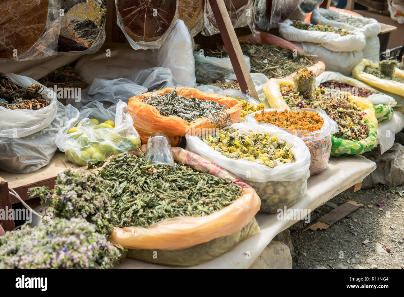 Dried herbs for sale. Eastern Herbal bazaar. Stock Photo