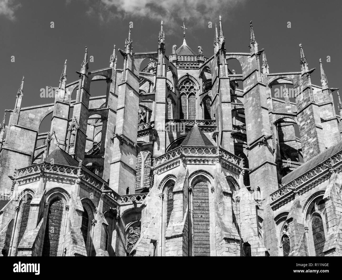 Le Mans Cathedral (in french: Cathédrale St-Julien du Mans) is a Catholic church situated in Le Mans, France. The cathedral combines a Romanesque nave Stock Photo