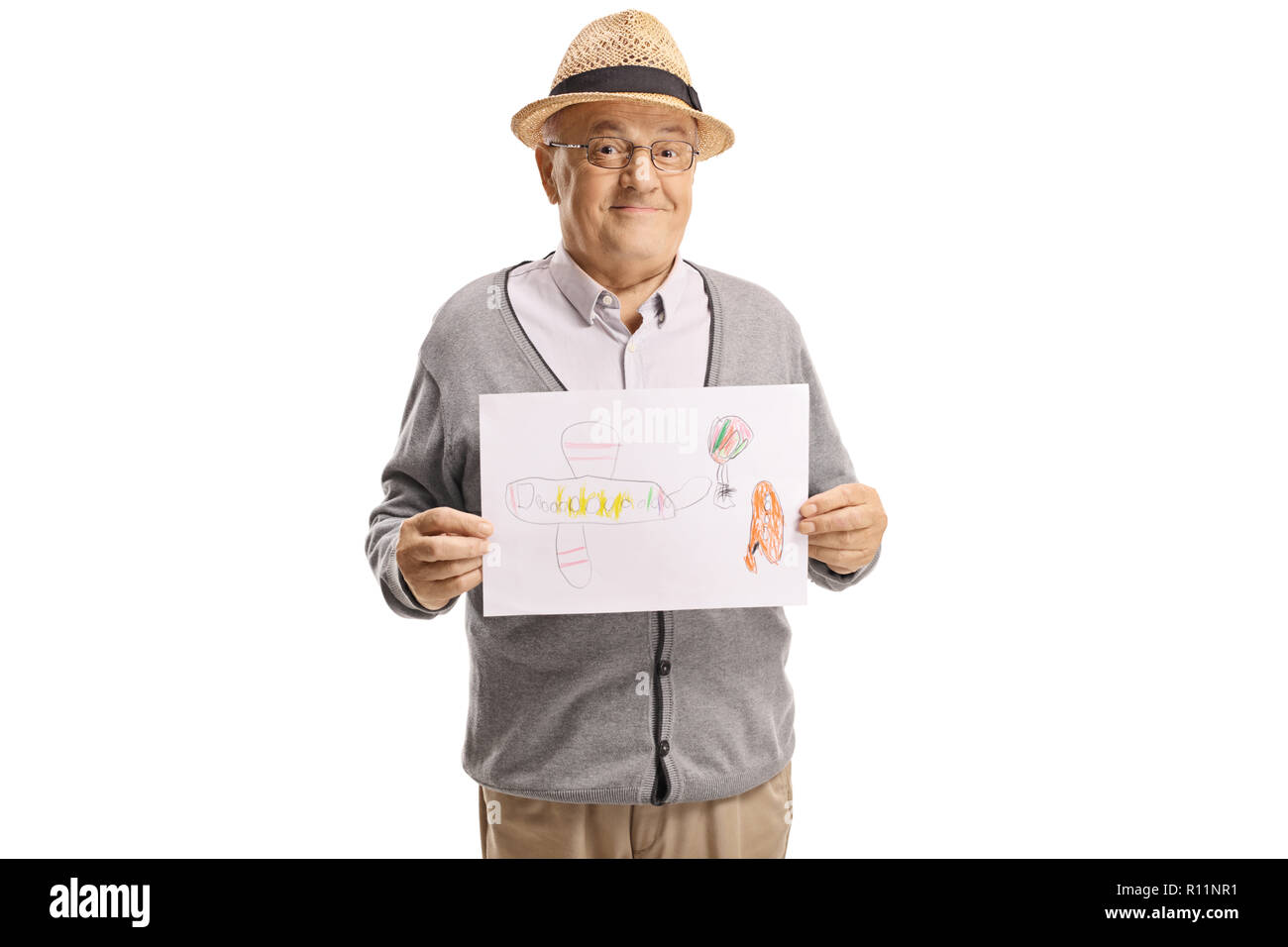 Elderly man holding a drawing isolated on white background Stock Photo