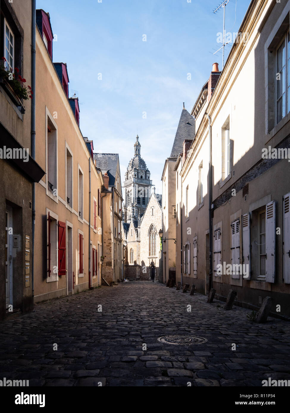 Paved street of the old town of Le Mans. Le Mans is a city in western france. It's a located in the Pays de la Loire region. Stock Photo