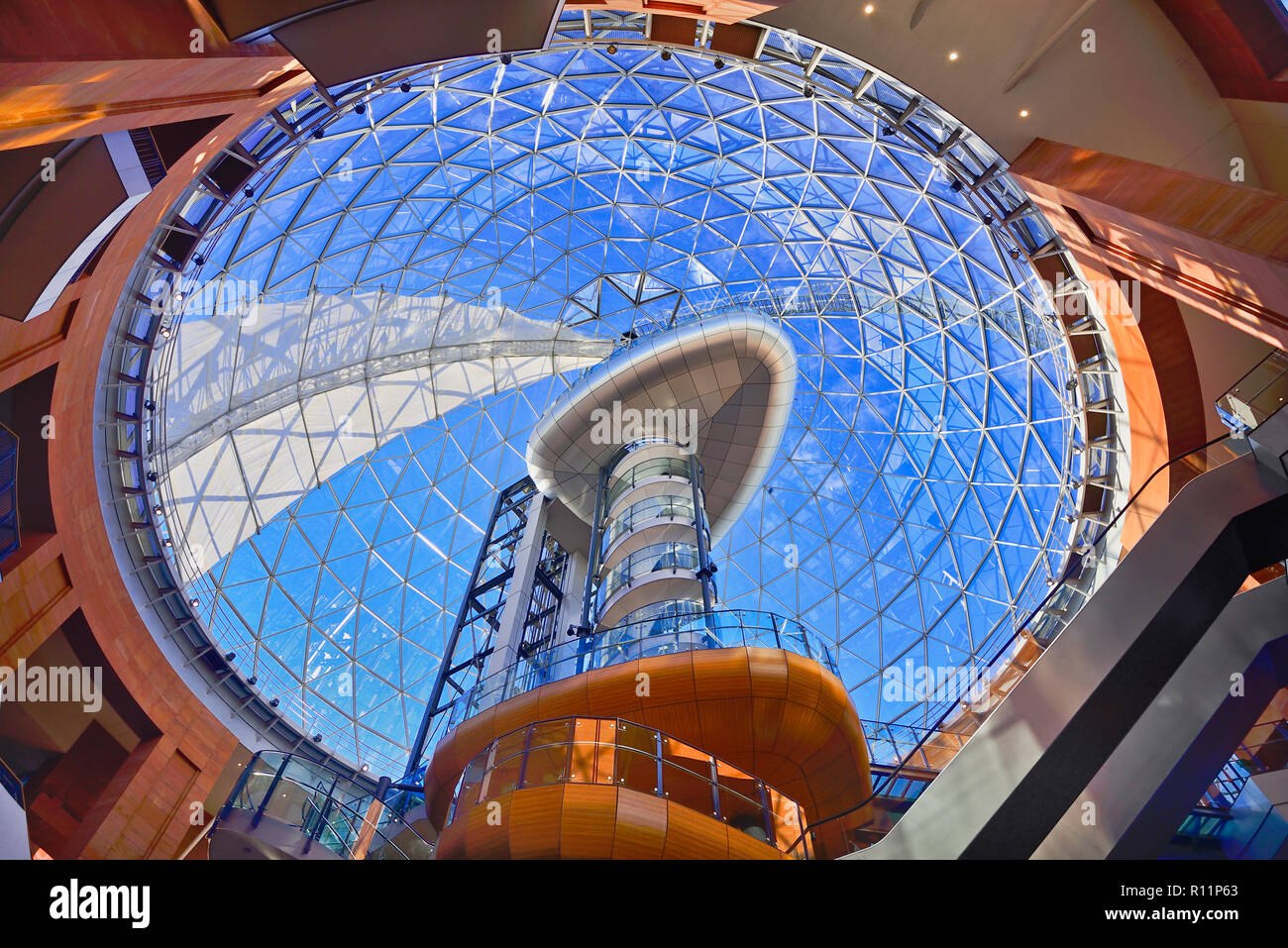 Northern Ireland, Belfast, Victoria Square shopping centre, interior view of the glass dome