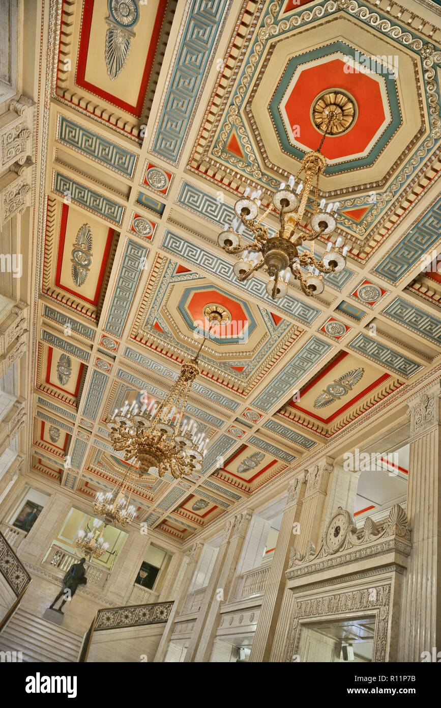 Northern Ireland, County Antrim, Stormont, Parliament Buildings, The Great Hall, Ceiling and Grand Staircase. Stock Photo